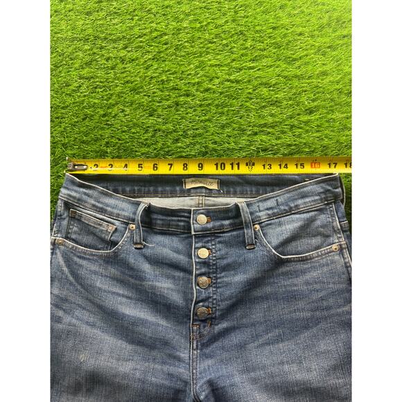 Madewell Womens Slim Straight Jeans Button Fly Lt Blue Wash Sz 32 Distressed Hem - Picture 14 of 15